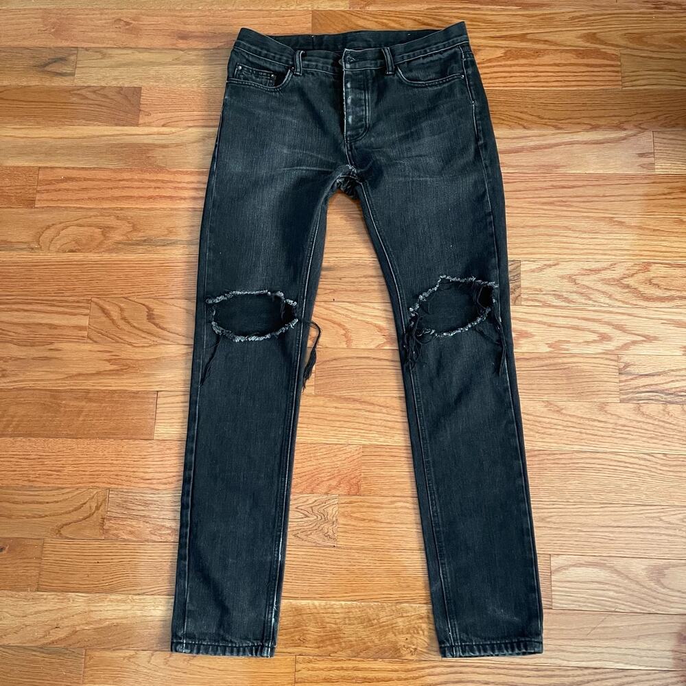 MNML Mens 33 Black Straight Slim Fit Distressed Jeans Cotton Blend Denim FLAWED